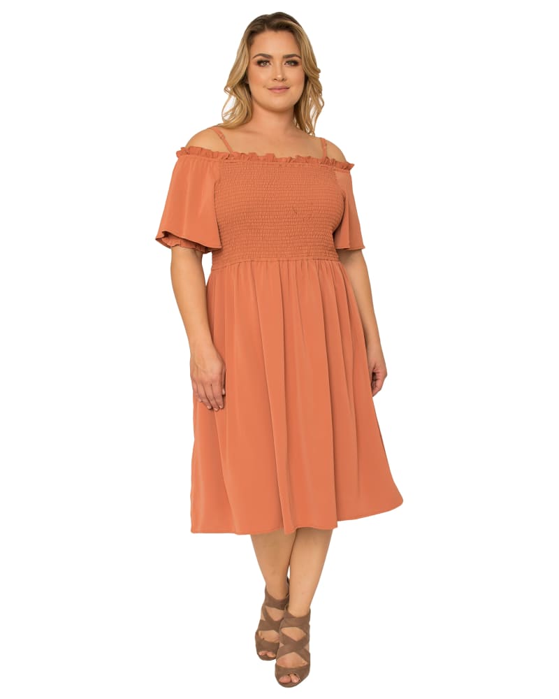 Front of a model wearing a size 1X Ariel Off-Shoulder Midi Dress in Brown by Standards & Practices. | dia_product_style_image_id:280510